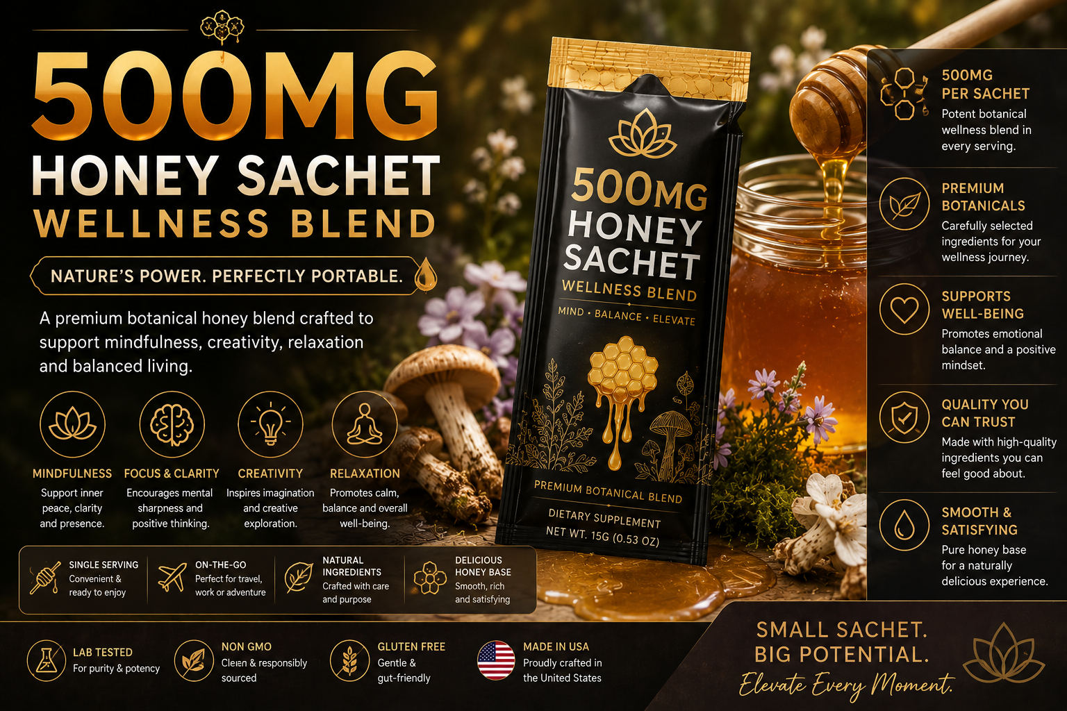 500mg Honey Sachet wellness blend — portable botanical honey sachet by The Brain Spa