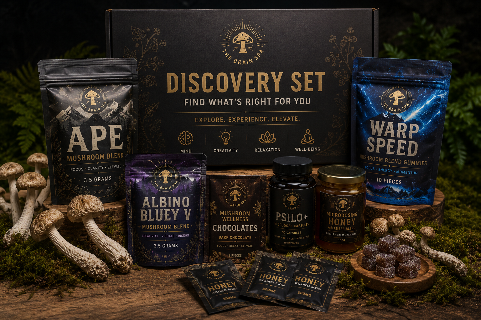 Discovery Set wellness collection — botanical mushroom sampler for beginners by The Brain Spa